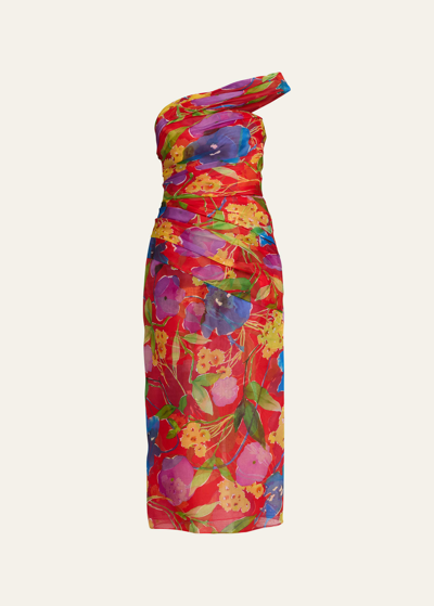 Carolina Herrera Floral One-shoulder Ruched Midi Dress With Shoulder Sash
