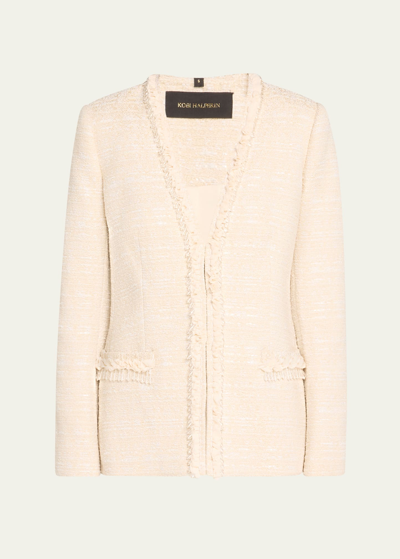 Kobi Halperin Jilly Beaded Ruffle-trim Tweed Jacket In Ivory