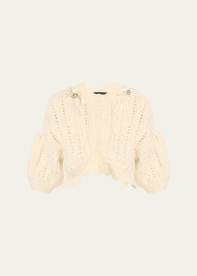 Simone Rocha Beaded Bell Charm Lace Stitch Chunky Knit Crop Cardigan In Creampearlsilver