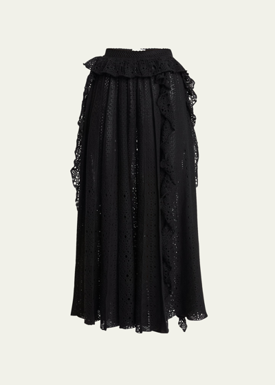 Chloé A-line Broderie Anglaise Knit Skirt With Cascading Ruffles In Black