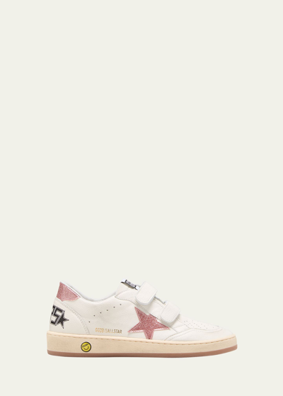 Golden Goose Girl's Ballstar Leather Dual-grip Sneakers, Kids In White Pink