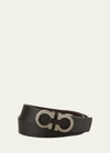 Ferragamo Adjustable Reversible Leather Belt With Textured Finish In Black