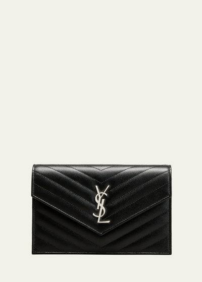 Saint Laurent Ysl Monogram Small Wallet On Chain In Grained Leather In Black