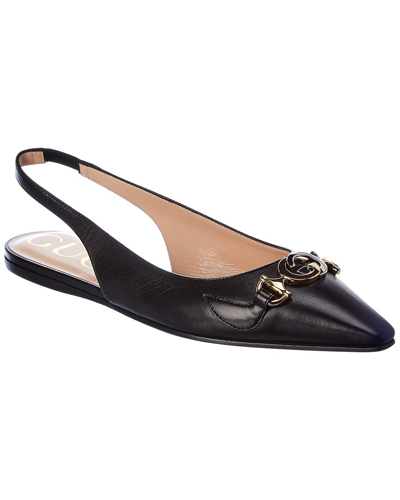 Gucci Gg Leather Slingback Flat In Black