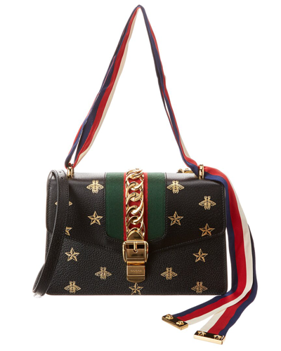 Gucci Sylvie Small Bee & Star Leather Shoulder Bag In Black