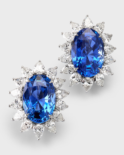 Nm Estate Estate Platinum Oval Ceylon No Heat Sapphire And Diamond Earrings In Blue