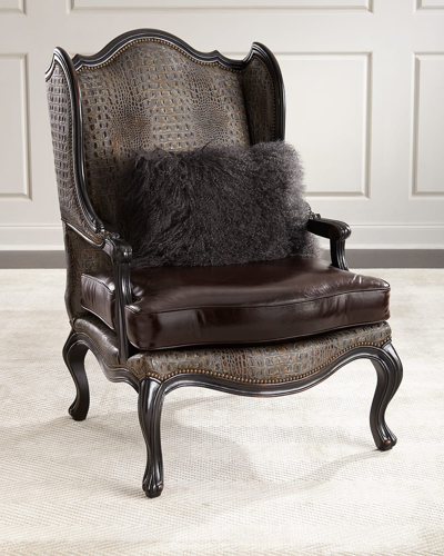 Massoud Sarah Leather Wingback Chair In Gray