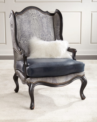 Massoud Beth Leather Wingback Chair In Blue/gray