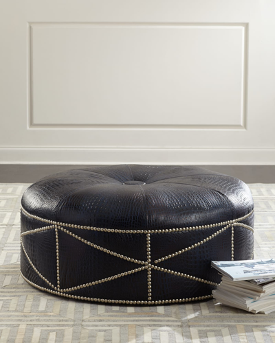 Massoud Shipley Leather Ottoman In Navy