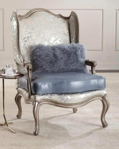 Massoud Fauna Hair Hide And Leather Wing Chair In Silver/blue Gray