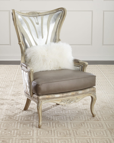 Massoud Shimmer Zebra Leather Wing Chair In Silver
