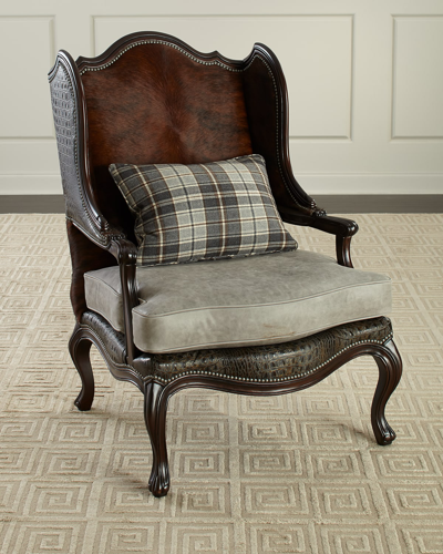 Massoud Christian Leather Wing Chair In Gray/brown