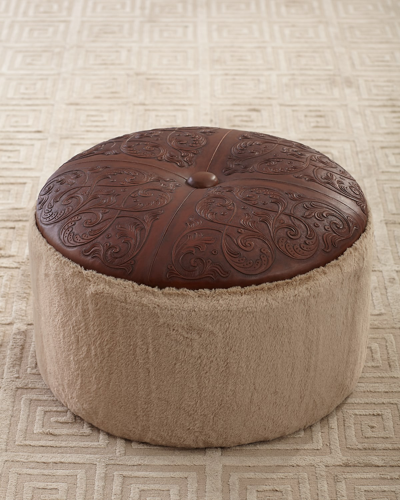 Peninsula Home Collection Ronnie Faux-fur & Leather Ottoman In Cream/bronze
