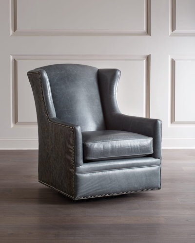 Massoud Eden Lake Leather Swivel Chair In Steele Blue
