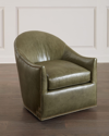 Massoud Breaux Leather Swivel Chair In Dark Green