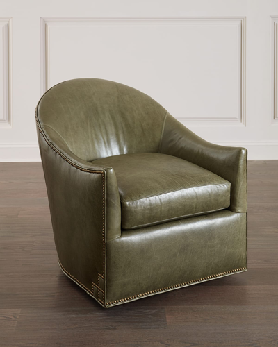 Massoud Breaux Leather Swivel Chair In Dark Green