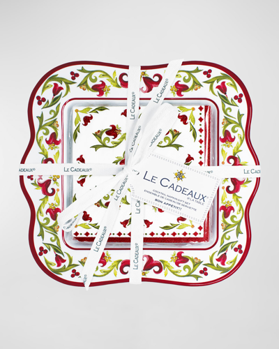 Le Cadeaux Vischio Napkin Holder & Napkins Gift Set In White Red Green