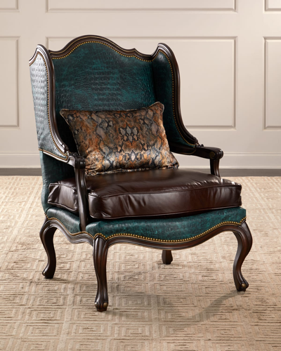 Massoud Atlanta Leather Wing Chair In Teal/brown