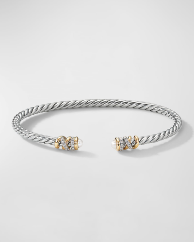 David Yurman 3mm Petite Helena Bracelet With Diamonds And 18k Gold In Silver In Pearl