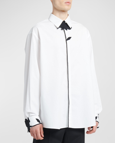 Valentino Long-sleeved Shirt In Cotton Poplin With Flower Embroidery In White/ Black