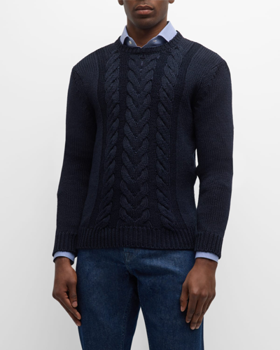 Isaia Men's Silk-cotton Cable Knit Crewneck Sweater In Dark Blue