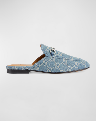 Gucci Princetown Gg Denim Loafer Mules In Light Blue