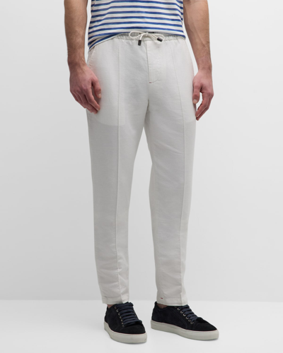 Isaia Men's Cotton-linen Pleated Drawstring Pants In Open White