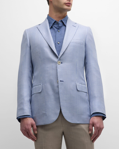 Brioni Men's Plaid Wool-silk Sport Coat In White Sky Blue