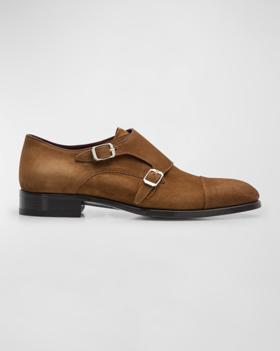 Brioni Men's York Suede Double-monk Strap Loafers In Brown
