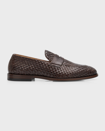 Brunello Cucinelli Men's Woven Leather Penny Loafers In Ebano