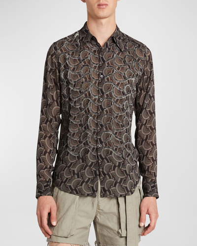 Dries Van Noten Men's Celdon Fringe Patterned Sport Shirt In Petrol