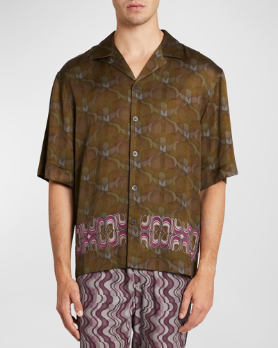 Dries Van Noten Men's Cassi Embroidered Camp Shirt In Khaki