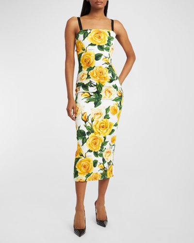 Dolce & Gabbana Rose-print Sleeveless Charmeuse Midi Dress In Weiss