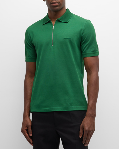 Ferragamo Man Polo With Zip Collar In Forest Green