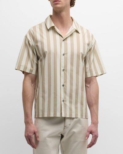 Frame Men's Striped Cotton Camp Shirt In Smoke Beige Strip