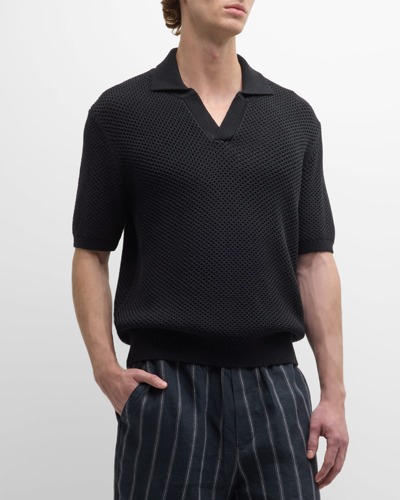 Frame Open Weave Polo Sweater In Noir