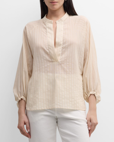 Eleventy Blouson-sleeve Textured Striped Cotton Shirt In Sand