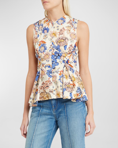 Ulla Johnson Naomi Floral-print Cotton Poplin V-neck Top In Magnolia