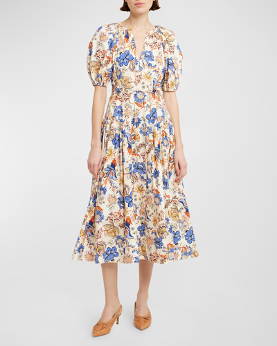 ULLA JOHNSON CARINA FLORAL COTTON POPLIN PUFF-SLEEVE MIDI DRESS