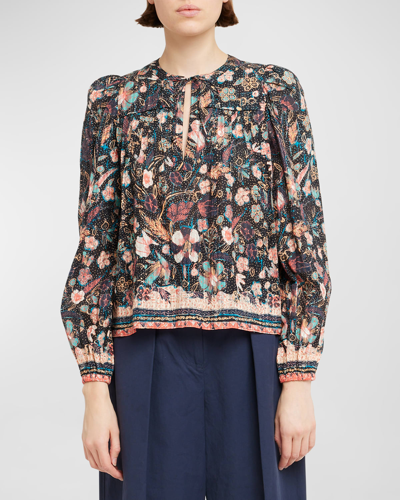 Ulla Johnson Andi Floral-print Pintuck Keyhole Blouse In Obsidian Botanica