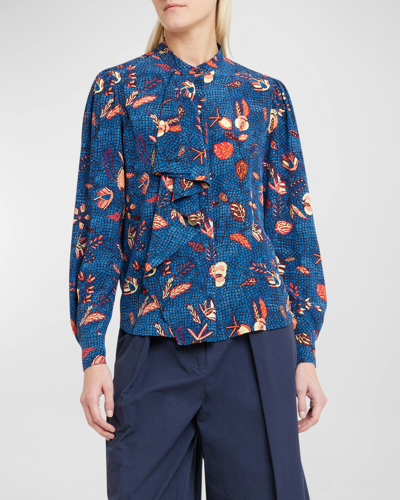 Ulla Johnson Ashlyn Draped Silk Bishop-sleeve Blouse In Blue Dahlia