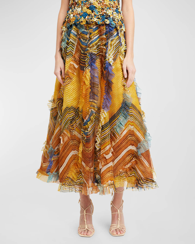Ulla Johnson Dahlia Multicolor Silk Ruffled Midi Skirt In Golden Palm