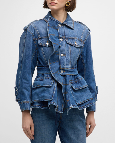 Alexander Mcqueen Patch Pocket Peplum Denim Jacket In Washed Blue