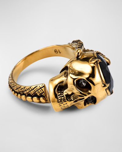 Alexander Mcqueen Men's Crystal Victorian Skull Ring In Gold Blackmulti