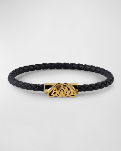 Alexander Mcqueen Men's Seal Logo Braided Leather Cord Bracelet In L Agold Blk