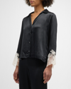 Josie Natori Lolita Cropped Lace-trim Charmeuse Pajama Set In Black W/ecru