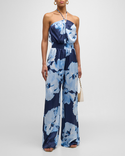 Ramy Brook Mindy Watercolor Bloom Strapless Wide-leg Jumpsuit In Spring Navy Watercolor