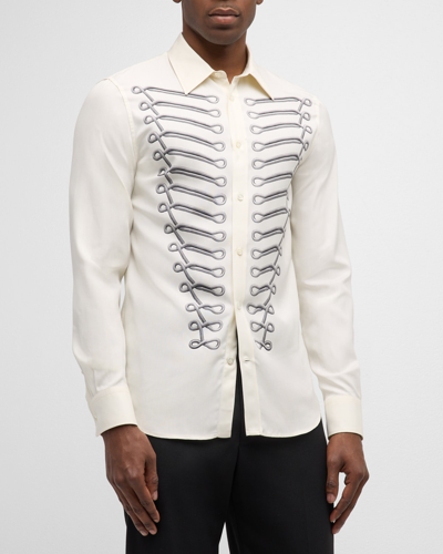 Alexander Mcqueen Men's Military Braiding-print Silk Sport Shirt In White Blac