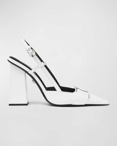 Versace Medusa Coin Patent Slingback Block-heel Pumps In Optical White-pal