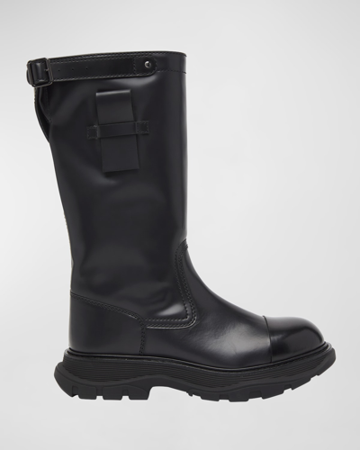 Alexander Mcqueen Men's Tread Leather Workwear-sole Tall Boots In Black